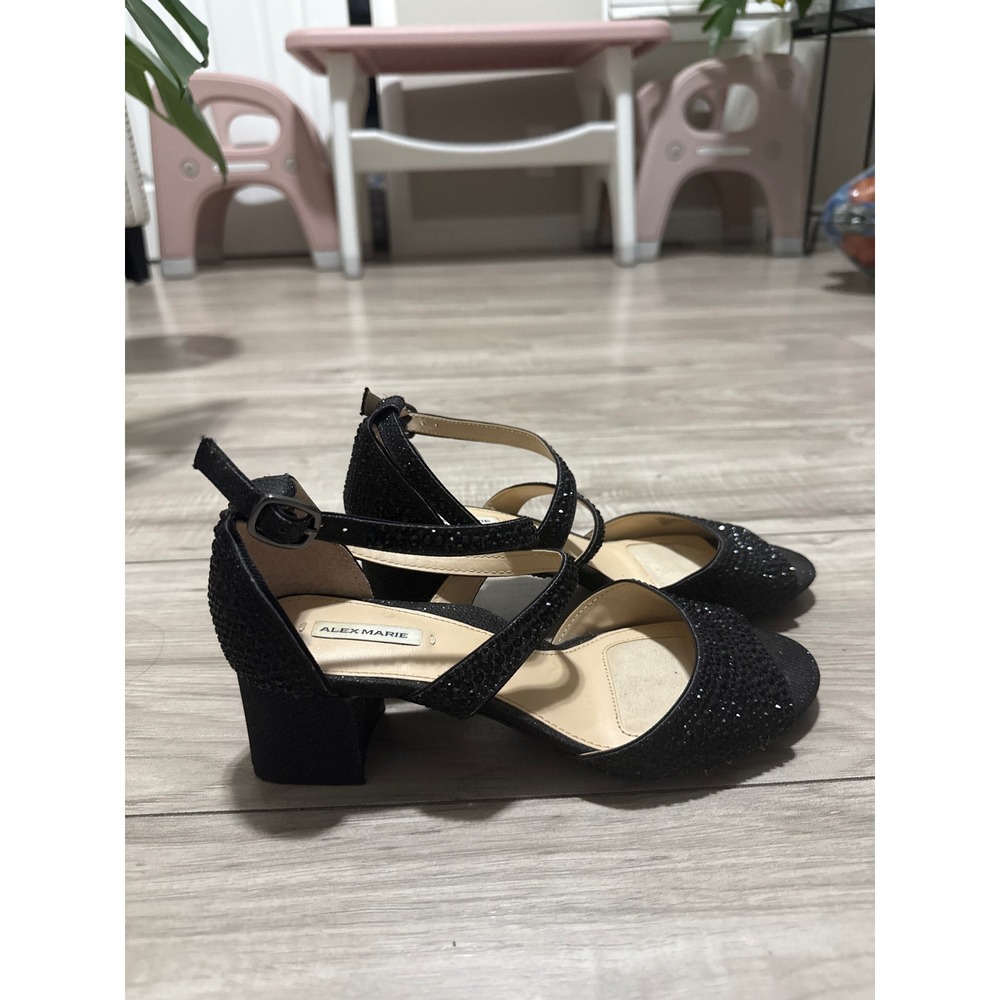 Alex Marie Black Rhinestone Block Heel Evening Sandals Ankle Strap 6.5M